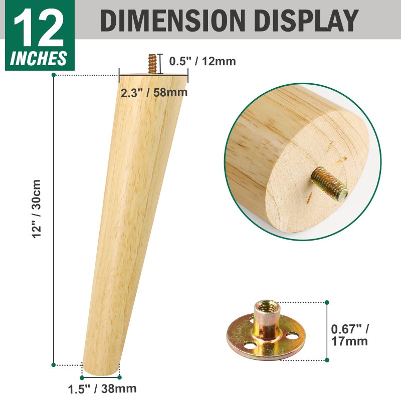 FoDau770 Rubber Wood Furniture Legs 12 Inches, Slant Tapered Wood Legs Mid Century Sofa Legs Set of 4, 5/16"" UNC Furniture Feet Replacement Legs for Cabinet Sofa Couch Dresser Chair Ottoman Table - Image 3